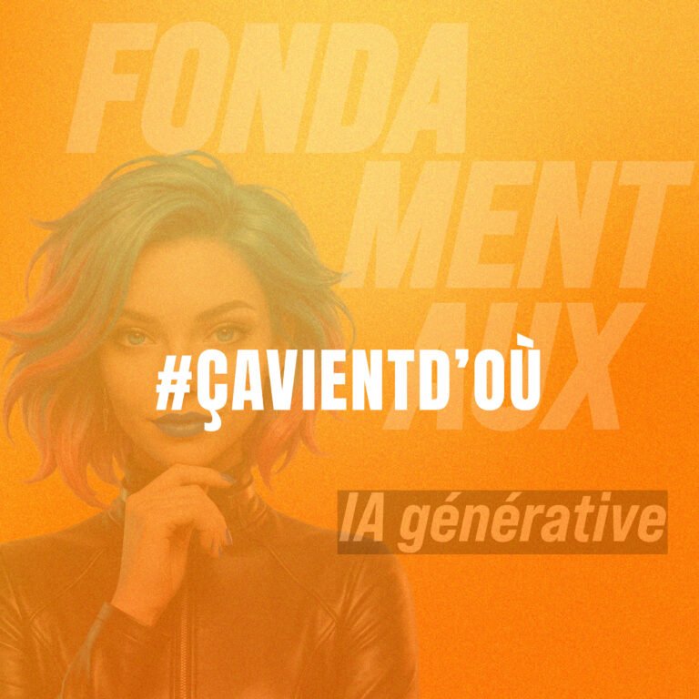 Illustration pédagogique montrant une intelligence artificielle reliant des traces humaines, textes, images et sons pour expliquer comment elle génère de nouveaux contenus à partir de régularités apprises.
