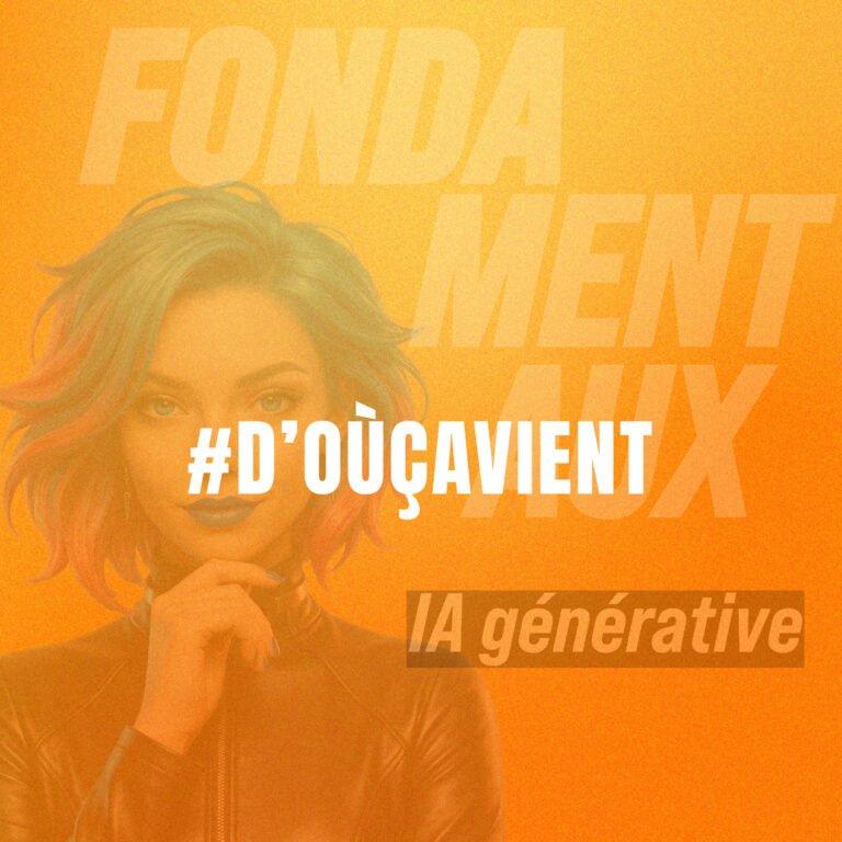 Visuel pédagogique montrant une affiche produit générée par intelligence artificielle, avec éléments graphiques analysant comment l’IA crée une image réaliste sans être une photo ni un dessin humain